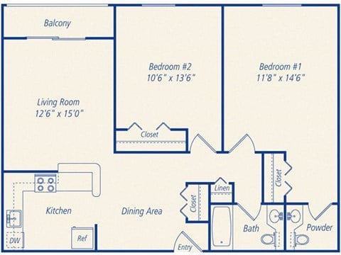 Floor plan for 2 beds, 1.5 baths, 870 sqft